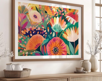 Bright Wildflower Wall Art, Colorful Meadow Print, Eclectic Summer Decor, Whimsical Floral Poster, Gouache Illustration, Digital Download