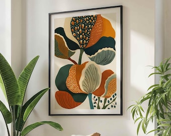 Retro Botanical Wall Art, Abstract Boho Flower Print, Terracotta Green Decor, Organic Shape Poster, Digital Download