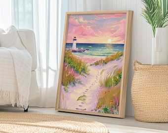 Pink Sunset Lighthouse, Pastel Beach Watercolor, Dreamy Coastal Wall Art, Seaside Nursery Decor, Summer Landscape Print, Digital File