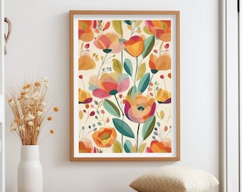 Whimsical Floral Pattern Print, Peach and Pink Spring Decor, Colorful Garden Poster, Summer Wildflower Illustration, Digital Download