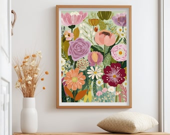 Pink Purple Floral Print, Soft Color Pattern Decor, Mixed Flower Wall Art, Digital Download