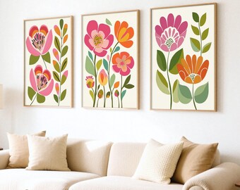 Set of 3 Cheerful Floral Prints, Scandi Folk Wall Art, Warm Retro Decor, Nordic Botanical Poster, Spring Illustration, Instant Download