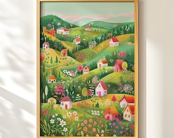 Spring Countryside Art, Whimsical House Landscape, Colorful Valley Print, Floral Hills Wall Decor