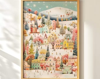 Whimsical Winter Village Art, Colorful Holiday Town Printable, Festive Christmas Scene, Digital Download Decor