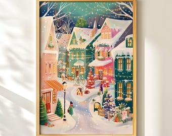 Pink and Green Christmas Art, Pastel Snowy Village Printable, Cozy Holiday Wall Decor, Festive Digital Download