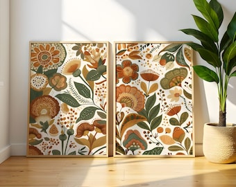 Set of 2 Mexican Folk Prints, Terracotta Floral Wall Art, Otomi Pattern Decor, Rustic Botanical Poster, Earthy Illustration, Digital File