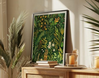Dark Botanical Print, Moss Green Wall Art, Moody Wildflower Poster, Folk Floral Illustration, Earthy Cottagecore Decor, Instant Download