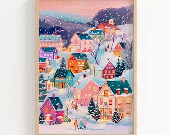 Arte mural imprimible de un pueblo navideño, escena navideña nevada y acogedora ilustración invernal, decoración navideña en tonos pastel.