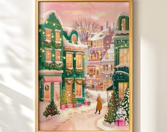 華やかな街並みの印刷物、ピンクとグリーンのクリスマスアート、居心地の良いホリデーウォールデコレーション、気まぐれなデジタルダウンロード