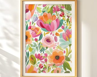 Bright Botanical Art, Modern Floral Print, Colorful Flower Illustration, Spring Wall Decor, Digital Download