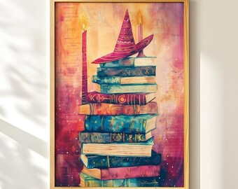 Witchy Book Stack Wall Art, Bold Watercolor Printable, Magical Witch Hat and Candle Art, Fantasy Digital Download