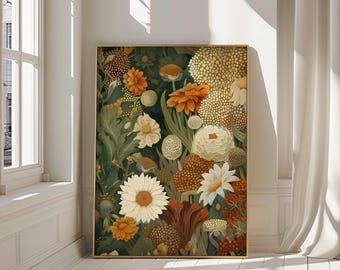 Enchanted Garden Poster, Maximalist Dark Floral Wall Art, Deep Green Orange Botanical Decor, Textured Canvas Print, Digital Download
