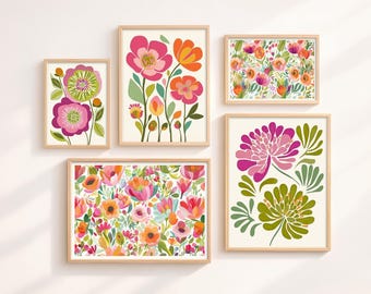 Colorful Floral Gallery Wall Set, Pink Orange Green Botanical Prints, Modern Scandinavian Art Set of 5, Spring Home Decor , Printable Art