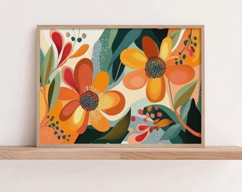 Bold Decorative Floral Art, Joyful Botanical Poster, Warm Tone Abstract Flowers, digital Download