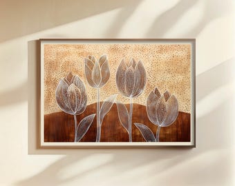 Brown Tulip Botanical Print – Modern Textured Floral Wall Art – Neutral Earth Tone Decor – Printable Download