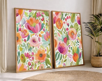 Set of 2 Floral Art , Colorful Botanical Prints, Spring Wall Decor, Modern Flower Pair, Instant Download