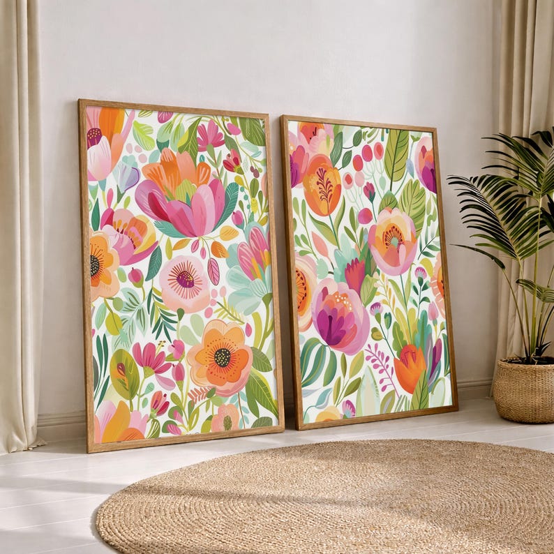 Set of 2 Floral Art , Colorful Botanical Prints, Spring Wall Decor ...