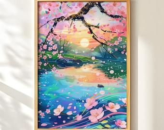 Stampa di fiori di ciliegio, arte di Sakura da sogno, decorazione da parete con tramonto rosa, stampa moderna sulla natura, download digitale istantaneo
