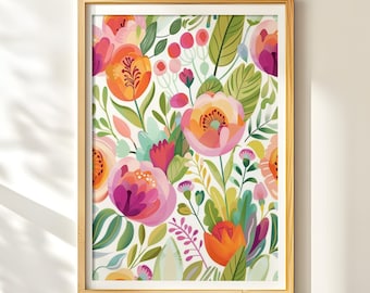 Fresh Floral Wall Art, Cheerful Flower Decor, Modern Bloom Print, Bright Spring Art, Digital Download