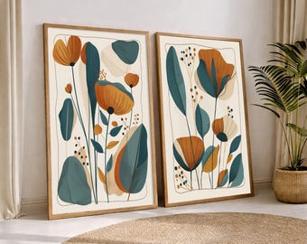 Nordic Floral Print Set of 2, Scandinavian Botanical Wall Art, Terracotta Teal Flower Posters, Minimalist Decor, Digital Download