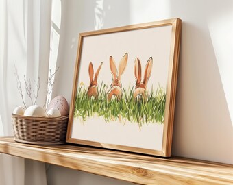 Easter Bunny Trio Art, Playful Rabbit Watercolor Print, Spring Grass Decor, Cute Animal Wall Illustration