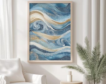 Abstract Ocean Wave Print, Blue Coastal Wall Art, Modern Beach House Decor, Swirling Sea, Textured Canvas Look, Digital Download