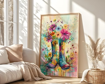 Regen Stiefel Blumen Wandkunst, bunter Frühlingsblumendruck, wunderliche Gartendekoration, digitaler Download