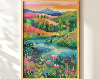 Whimsical Countryside Print, Colorful Landscape Art, Folk Style Illustration, River Garden Digital Download