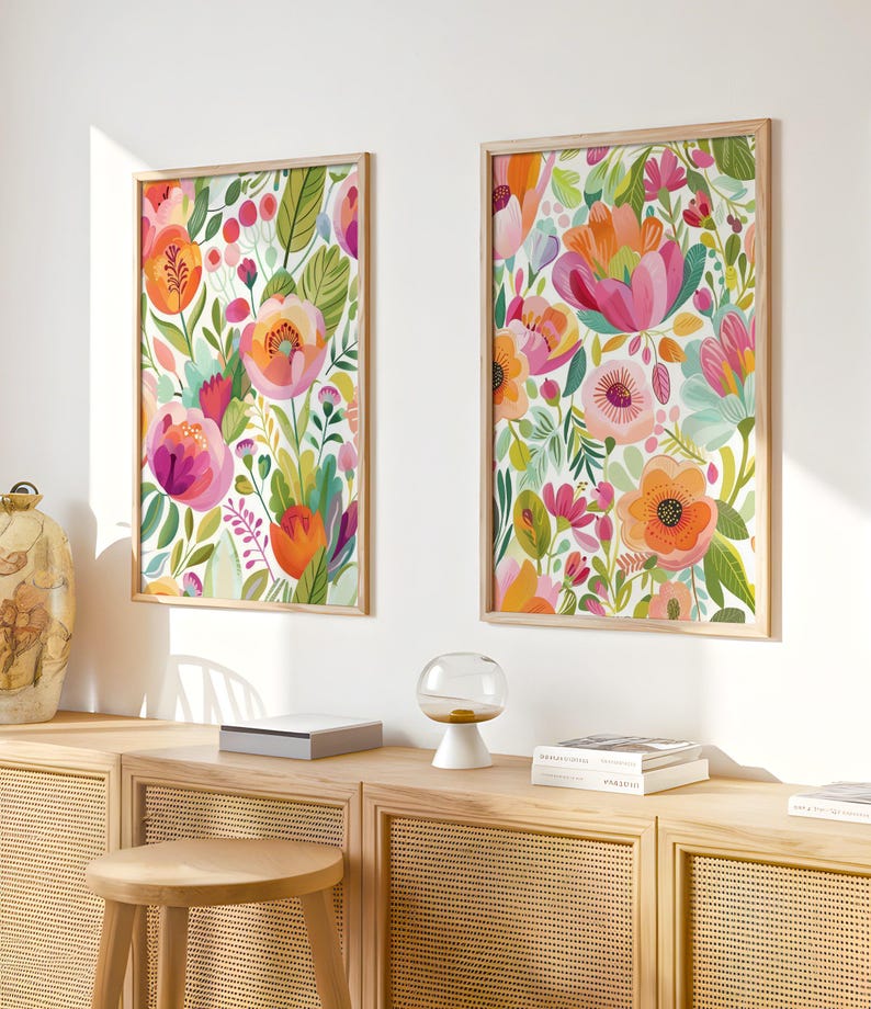 Set of 2 Floral Art , Colorful Botanical Prints, Spring Wall Decor ...