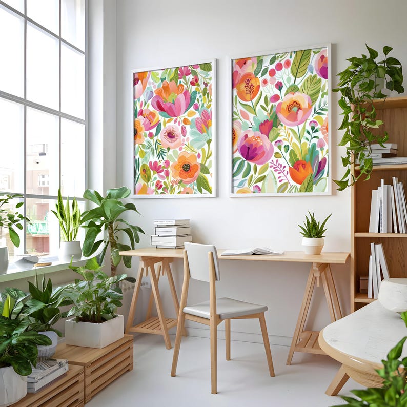 Set of 2 Floral Art , Colorful Botanical Prints, Spring Wall Decor ...