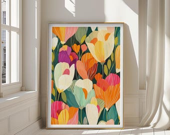 Colorful Floral Wall Art Print, Modern Botanical Decor, Bold Orange Teal Flower Artwork, Textured Art