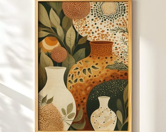 Textured Boho Wall Art, Eclectic Vase Print, Modern Folk Art Botanical, Terracotta and Sage Green Poster, Cozy Home Decor, Digital Download