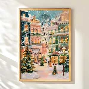 May include: A framed winter scene depicts a snow-covered European town at Christmas. Buildings in shades of blue, pink, and green are adorned with lights and wreaths. The text "TILOXE ROI" is visible. Christmas trees and falling snow add to the festive atmosphere.