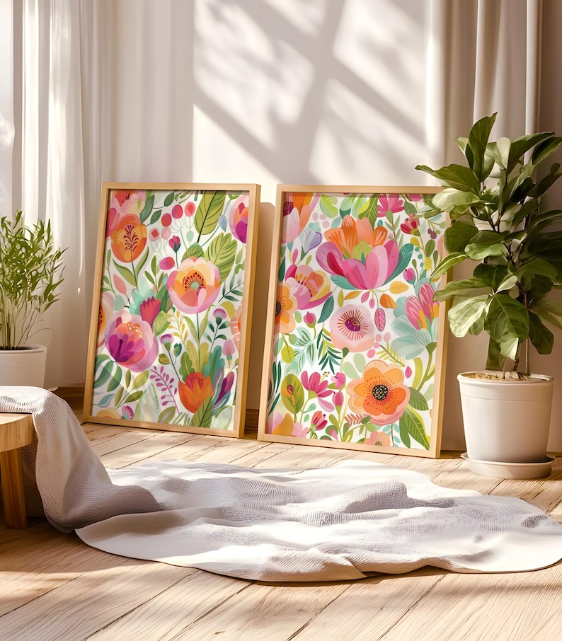 Set of 2 Floral Art , Colorful Botanical Prints, Spring Wall Decor ...