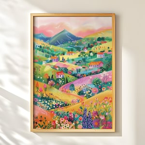 Arte paisajístico alegre, impresión de un pueblo colorido, decoración de pared caprichosa, escena natural vibrante, ilustración popular moderna