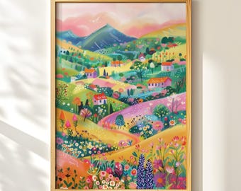 Joyful Landscape Art, Colorful Village Print, Whimsical Wall Decor, Vibrant Nature Scene, Modern Folk Illustration
