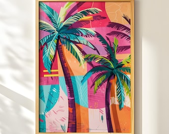 May include: A framed art print featuring two stylized palm trees against a vibrant backdrop of pink, orange, and teal geometric shapes. The artwork has a tropical theme with a wooden frame.