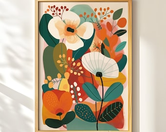 Scandi Botanical Decor, Teal Orange Print, Colorful Wall Art, Summer Floral Poster, Graphic Illustration, Instant Download