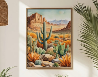 Desert Landscape Print, Boho Cactus Botanical, Arizona Nature Poster, Sage Green Wanderlust Art, Sunny Valley Illustration, Digital Download