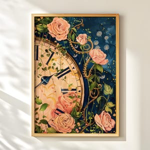 May include: A framed art print featuring a vintage clock face with Roman numerals, partially obscured by peach-colored roses and green foliage. The background is a deep blue with whimsical details, all within a light wooden frame.
