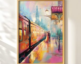 Romantic Train Station Art, Vintage Couple Printable, Valentine's Day Decor, Nostalgic Love Digital Download