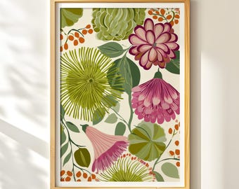 Green & Pink Botanical Art, Harmonious Floral Wall Art, Muted Nature Print, Decorative Flower Design
