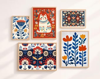 Colorful Nordic Botanical Decor, Set of 5 Printable Wall Art, Scandinavian Folk Floral Gallery Set
