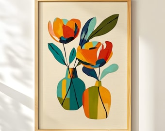 Retro Floral Vases, Mid Century Modern Print, Decorative Flower Illustration , Colorful Wall Decor, Canvas Texture Printable Art