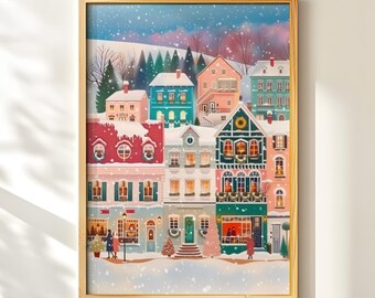 Pastel Christmas Town Art, Whimsical Holiday Printable, Cozy Winter Scene, Festive Digital Download