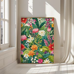 Impression colorée de jardin botanique, décoration murale de fleurs sauvages, illustration florale dense, affiche de la nature vibrante, téléchargement numérique