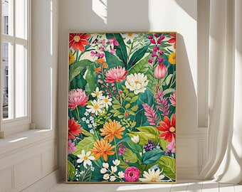 Colorful Botanical Garden Print, Wildflower Wall Decor, Dense Floral Illustration, Vibrant Nature Poster, Digital Download