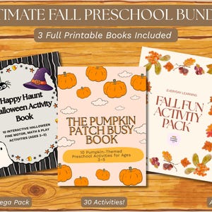 Könnte beinhalten: Ultimate Fall Preschool Bundle mit drei druckbaren Büchern: Happy Haunt Halloween Activity Book, The Pumpkin Patch Busy Book und Fall Fun Activity Pack. Enthält 30 Aktivitäten für Kinder von 3-6 Jahren zur Förderung der Feinmotorik und Mathematik.