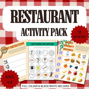 May include: A Restaurant Activity Pack featuring three printable sheets with games titled Digit Detective, I Spy Eating Out Edition, and What Doesn't Belong. The pages include illustrations of food, objects, and text for children ages 4-8.