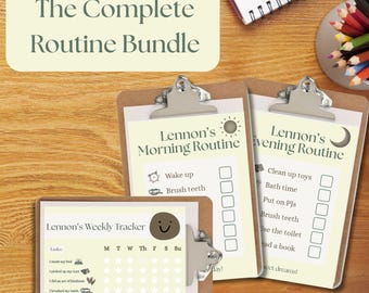Personalized Kids Routine Bundle | Morning & Bedtime Visual Schedule, Weekly Reward Tracker | Custom Toddler Preschool Chore Chart Printable
